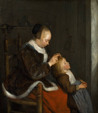 Gerard ter Borch Een moeder die het haar van haar kind kamt, bekend als 'De luizenjacht' Mother Combing Her Child's Hair, known as 'Hunting for Lice'