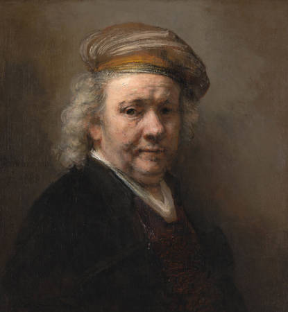 Schilderij van Rembrandt van Rijn. Het is een zelfportret als oude man met een baret op. Rembrandt schilderde het gezicht met stevige penseelstreken en dikke lagen verf. Rembrandt van Rijn painted his Self-Portrait as an old man wearing a beret. Rembrandt painted the face with bold brushstrokes and thick layers of paint.