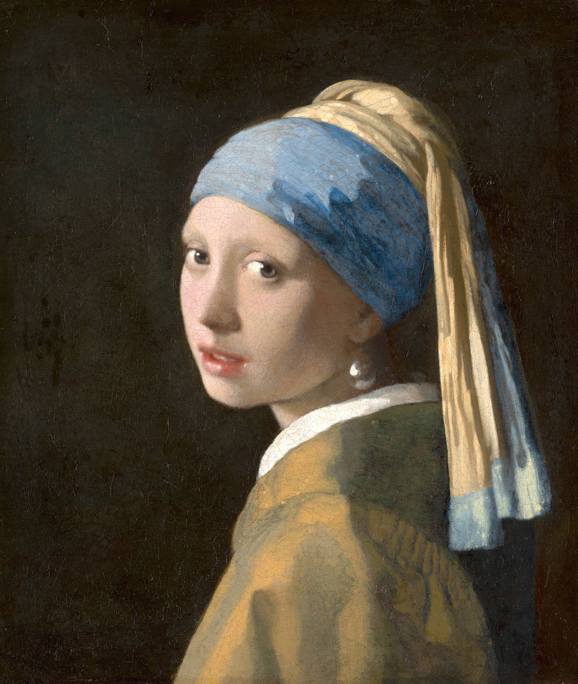 Schilderij van Johannes Vermeer: Meisje met de parel. Girl with a Pearl Earring. Je ziet een meisje uitgedost in een oker kleurig jakje, een oosterse tulband en een onwaarschijnlijk grote parel in het oor.