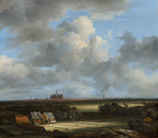 Schilderij van Jacob van Ruisdael. Gezicht op Haarlem met bleekvelden. View of Haarlem with Bleaching Grounds. Je ziet het uitzicht op Haarlem met bleekvelden op de voorgrond.