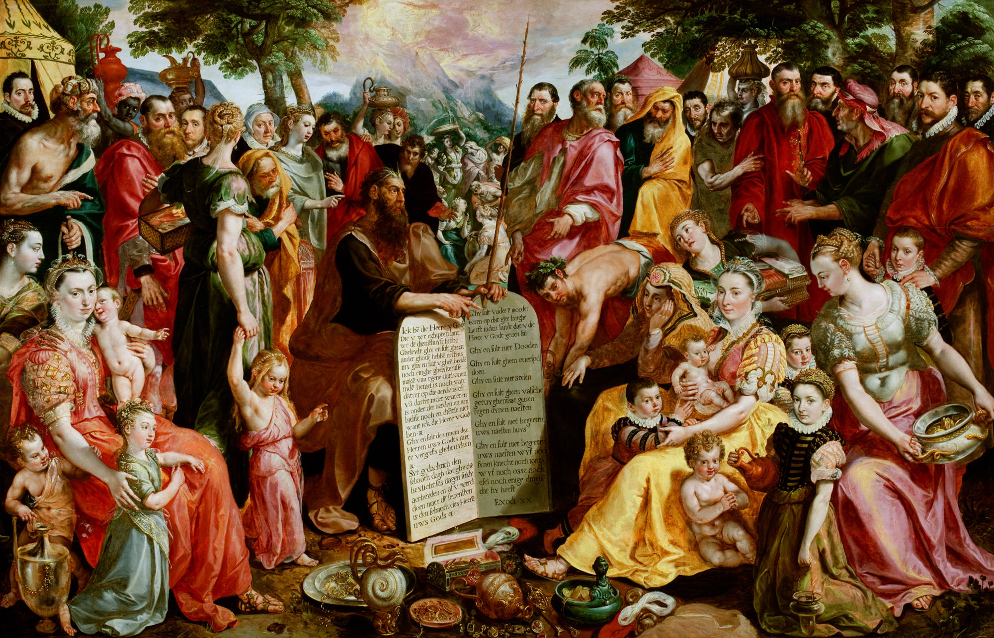 Maerten de Vos Mozes toont de tafelen der wet aan de Israëlieten, met portretten van leden van de familie Panhuys, hun verwanten en vrienden