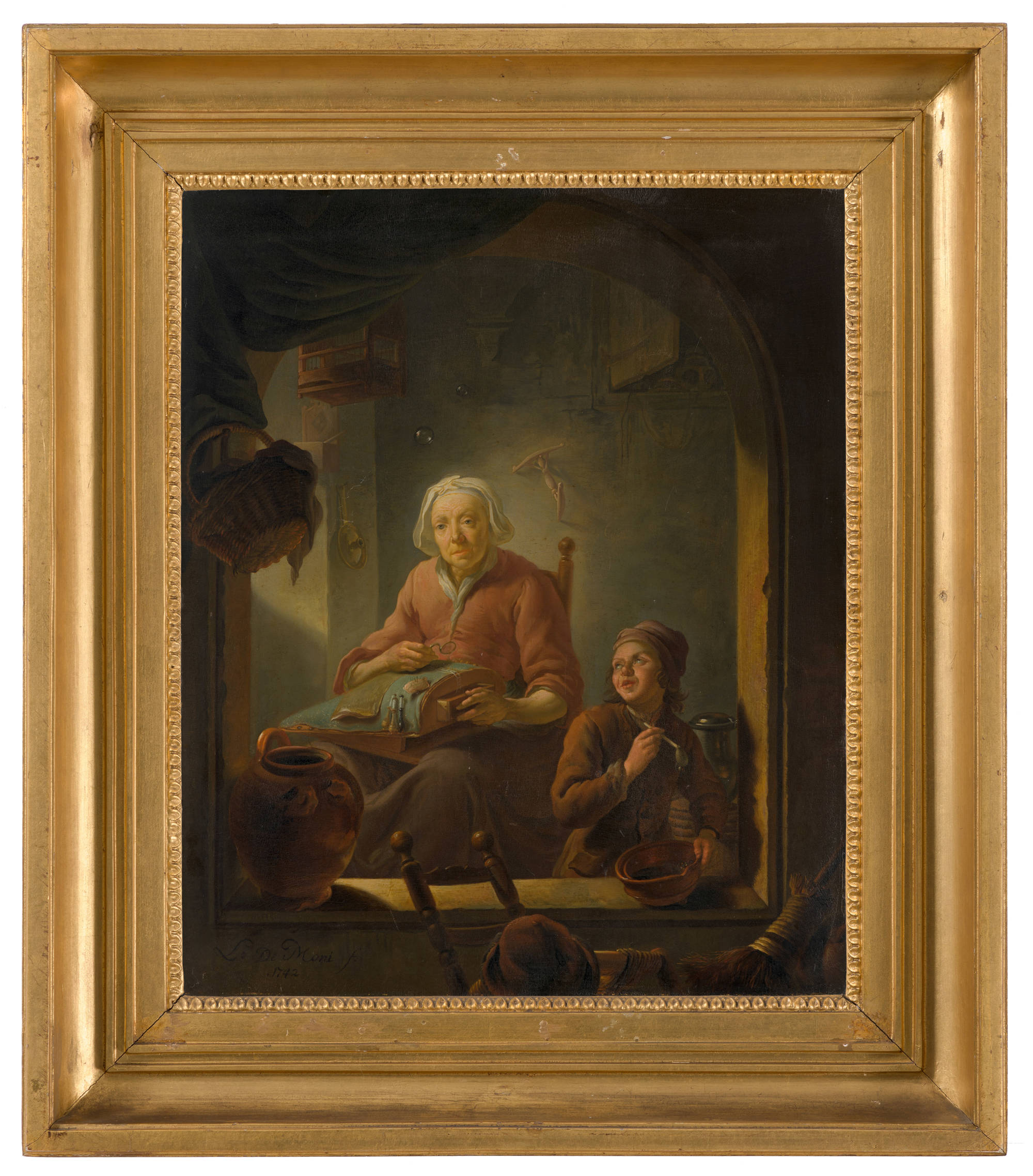 Louis de Moni Een kantwerkster, met een bellenblazende jongen A Lacemaker, with a Boy Blowing Bubbles