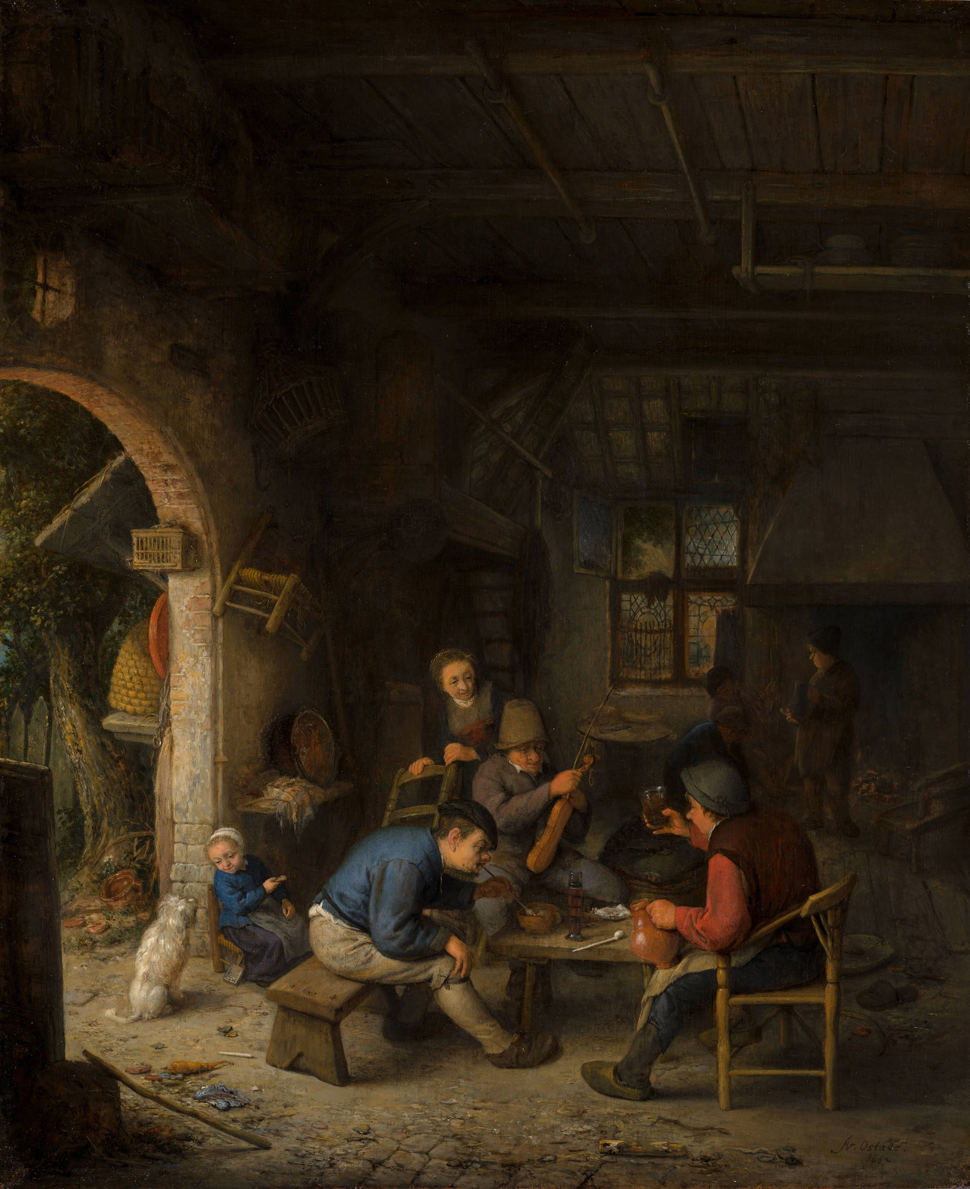 In een rommelige herberg zitten drie mannen rond een tafeltje, een schilderij van Adriaen van Ostade