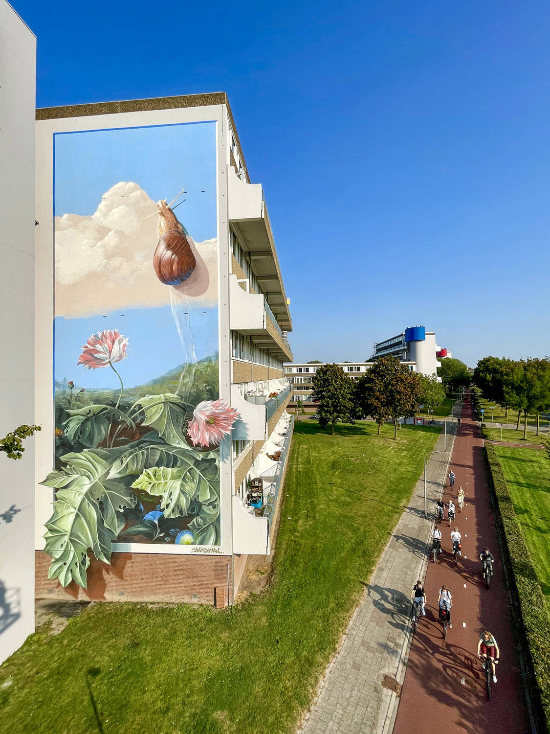 Janisdeman liet zich inspireren door Museum Flehite, waarbij de mural bijna uit de lijst lijkt te komen: een slak en bloemen aan de zijkant van een flat. Er fietsen mensen langs.