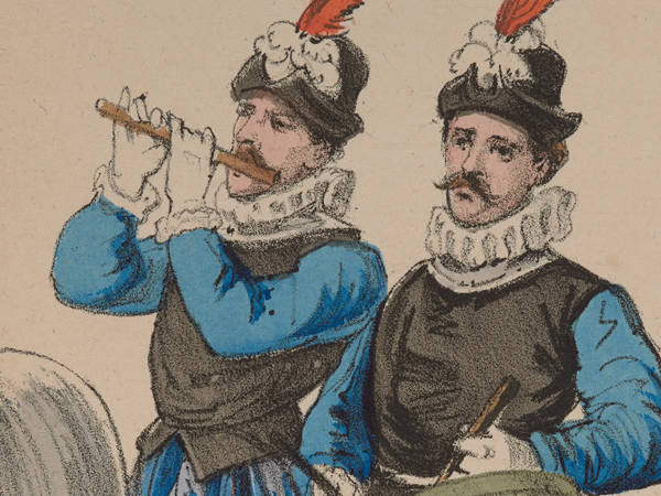 Een fluitist en een trommelaar in historisch kostuum.