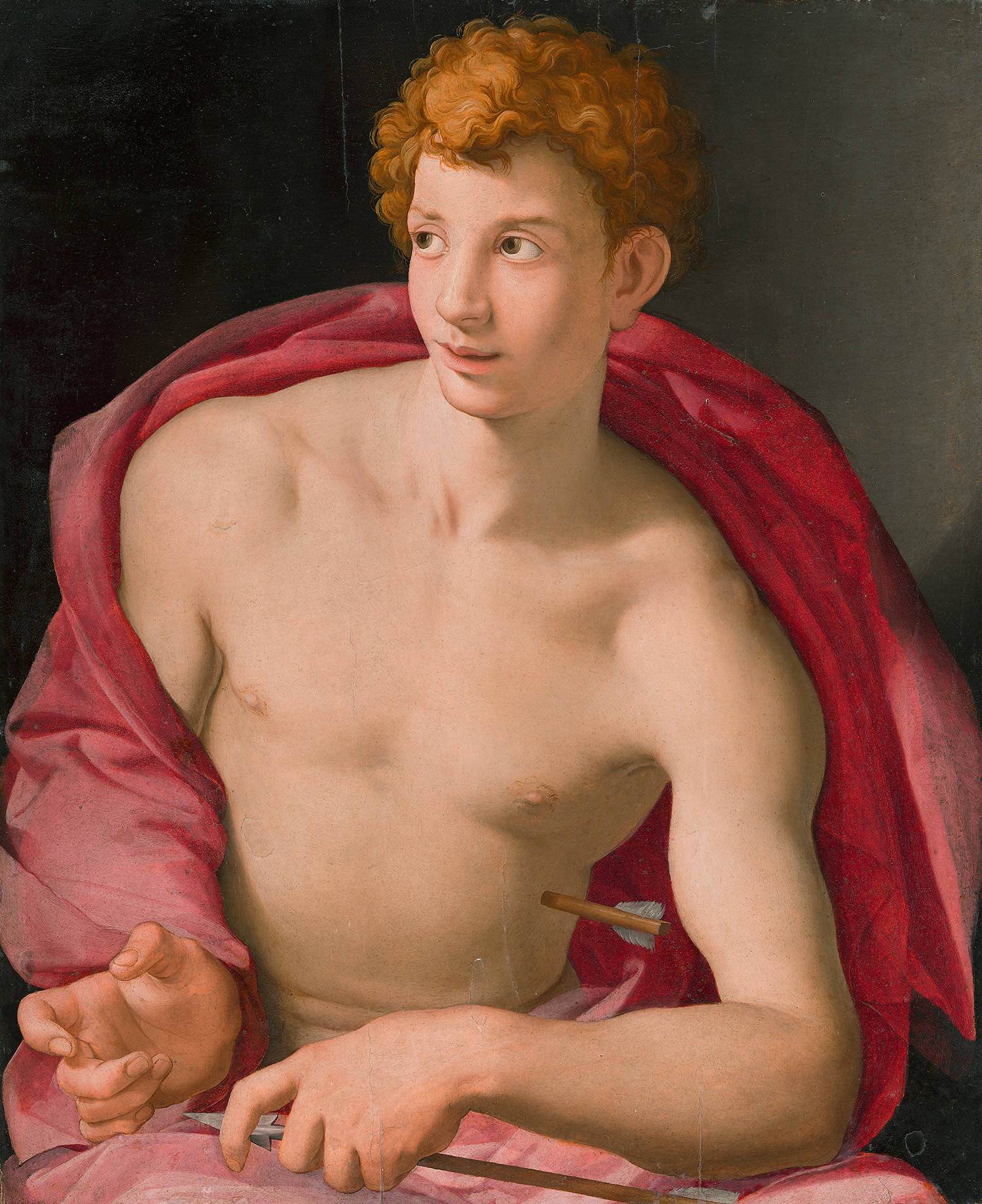 Een jonge man stelt Sint Sebastiaan voor. Zijn bovenlichaam is ontkleed en hij heeft een rode mantol om zijn lijf gewikkeld. In zijn hand houdt hij een pijl vast. In zijn zij doorboort een pijl zijn lichaam.