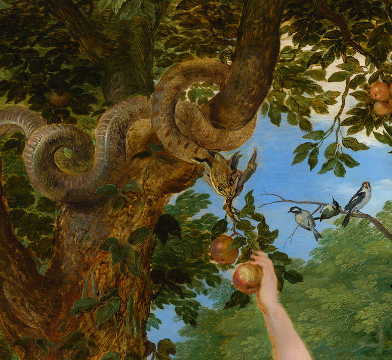 Detail van de slang op het schilderij Het aards paradijs met de zondeval van Adam en Eva van Rubens en Brueghel uit het Mauritshuis in Den Haag