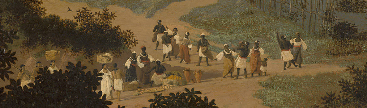 Een detail van een schilderij waar een slavenplantage staat afgebeeld.