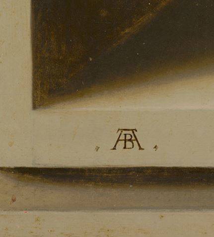 Vaas met bloemen in een venster  - signatuur