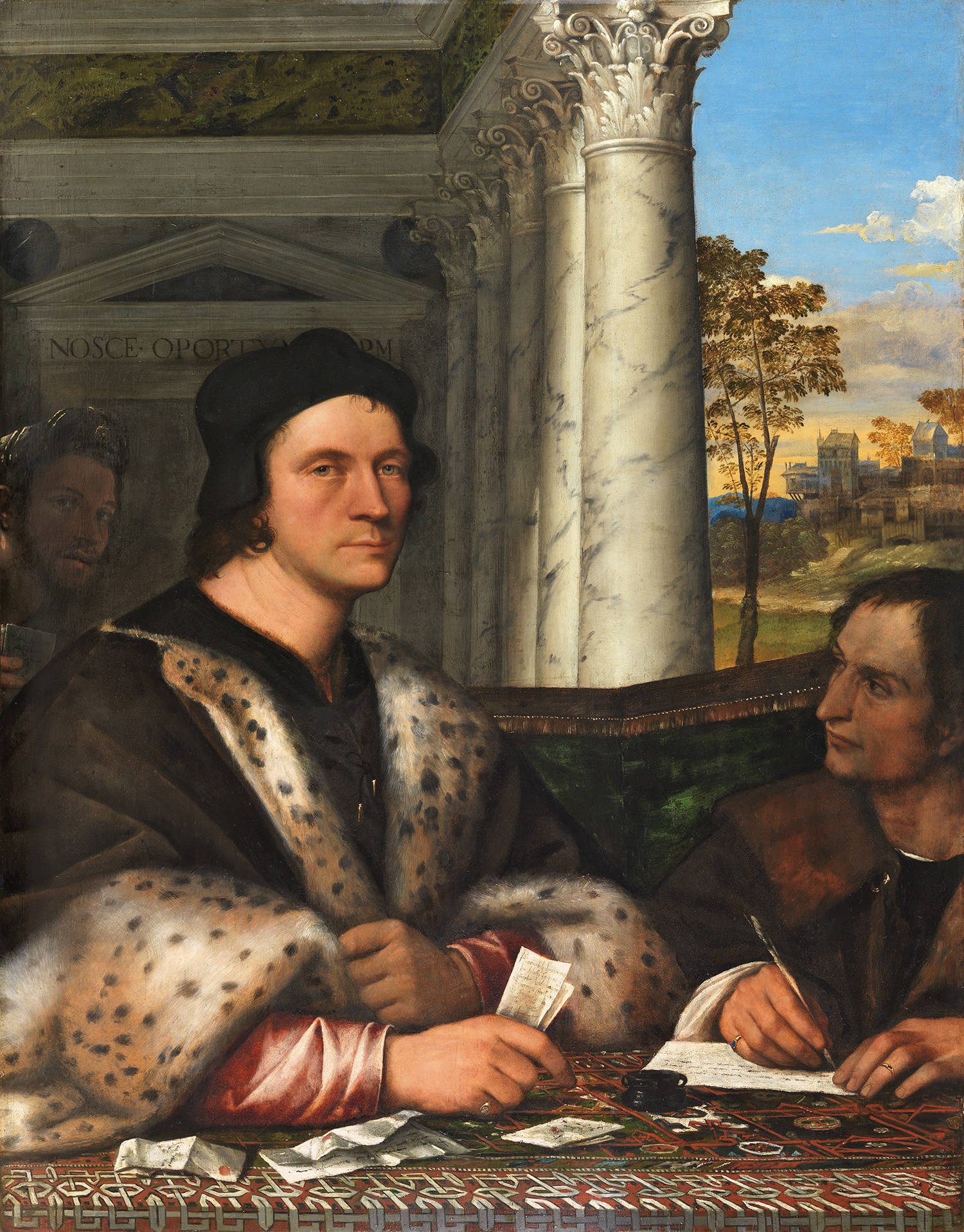 Op dit schilderij van Del Piombo staat Ferry Carondelet afgebeeld. Hij draagt een luxueuze mantel met grote bonten mouwen. Hij houdt papieren vast. Naast hem schrijft een andere man een document.