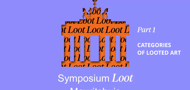 Uitsnede van de Brandenburger Tor in het paars met in het oranje daarachter Roofkunst. Tekst: part 1. Categories of looted art. Symposium Loot Mauritshuis.
