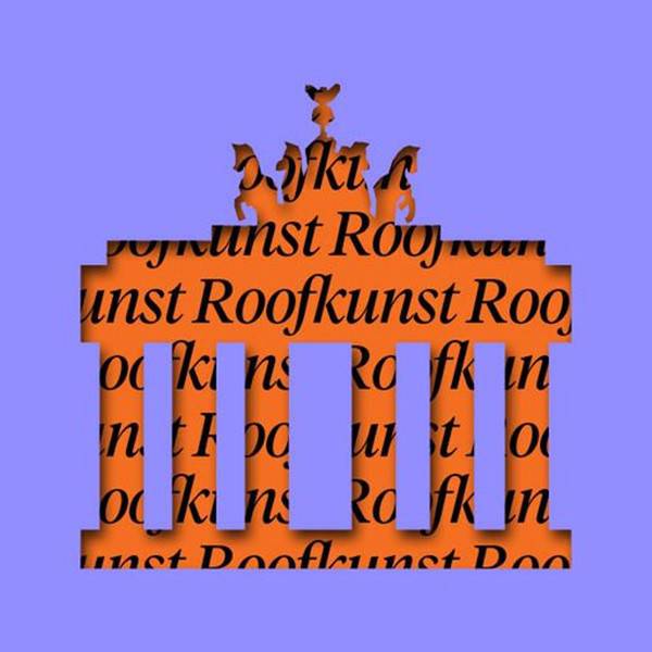 Een detail van de poster van Roofkunst, een uitsnede van de Brandenburger Tor in het paars met in het oranje daarachter Roofkunst.