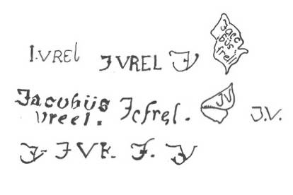 Verschillende handtekeningen naast elkaar van Jacobus Vrel op een wit papier.