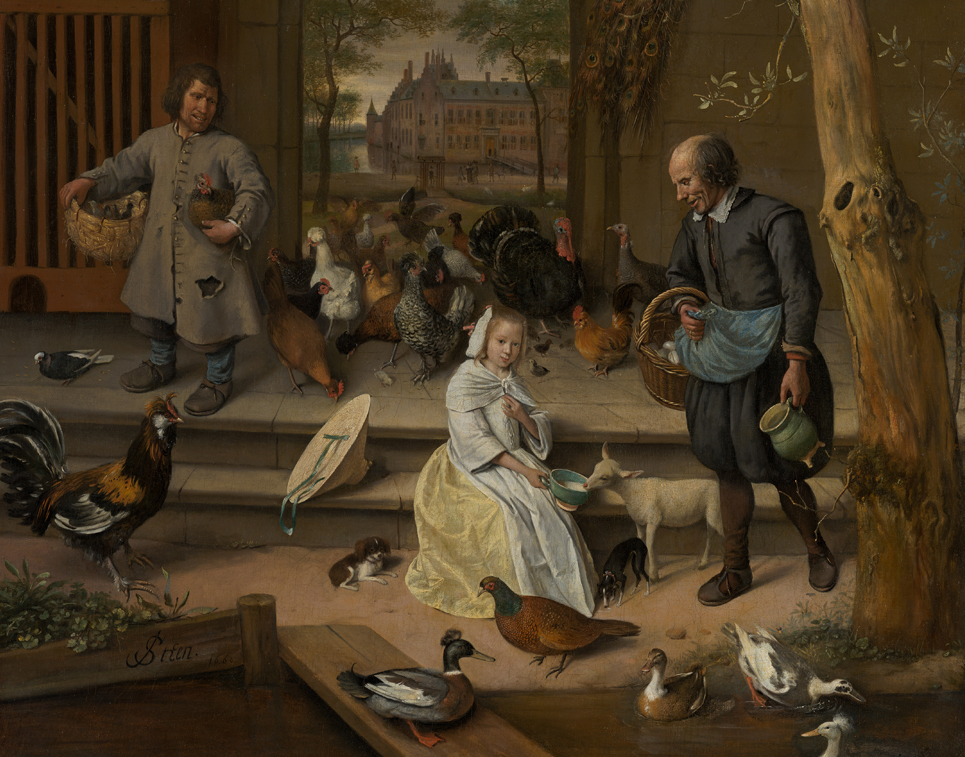 Een meisje zit in een hoenderhuf tussen talloze vogels en andere dieren op deze uitsnede uit 'Portret Van Jacoba Maria Van Wassenaer'' 