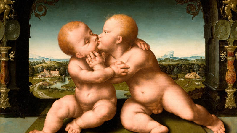 Joos van Cleve (atelier van) Christus en Johannes de Doper als kinderen