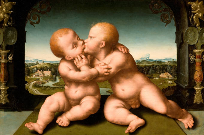 Joos van Cleve (atelier van) Christus en Johannes de Doper als kinderen