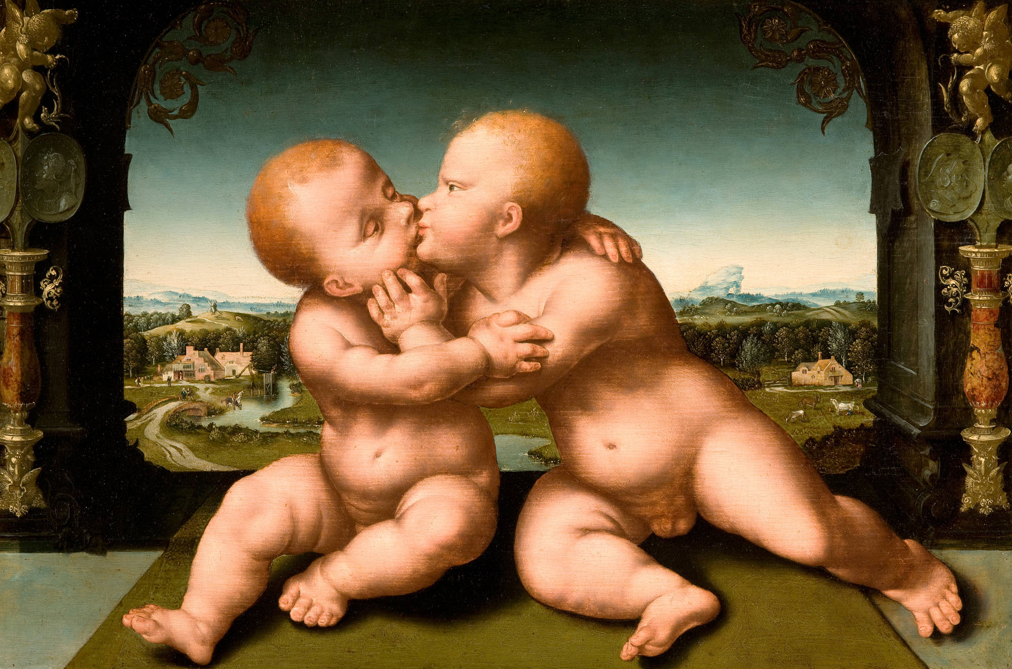 Joos van Cleve (atelier van) Christus en Johannes de Doper als kinderen