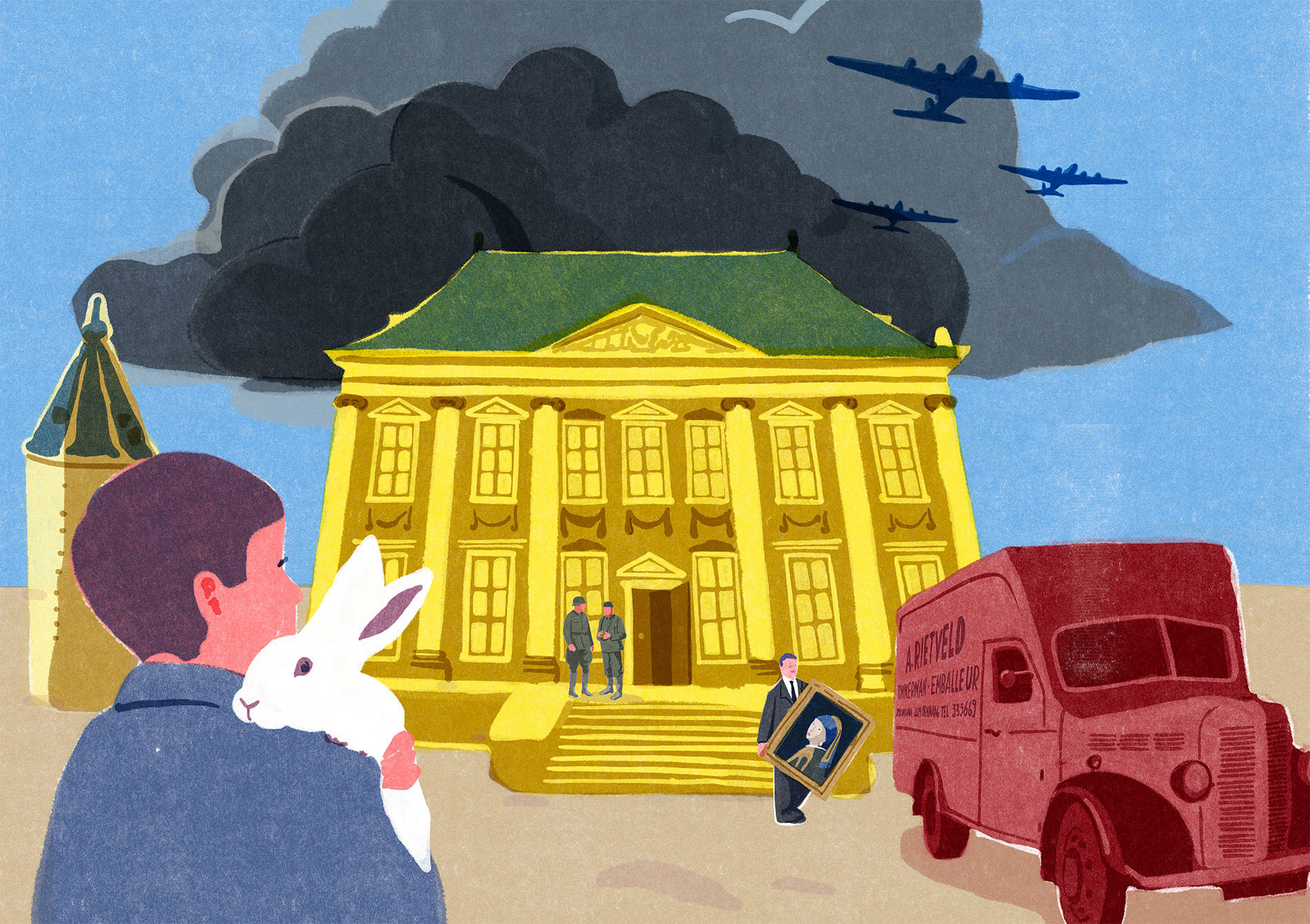 De tentoonstellingsposter Huis in de Storm: jongen met een konijn op zijn schouder kijkt hoe schilderijen uit het Mauritshuis verplaatst worden.