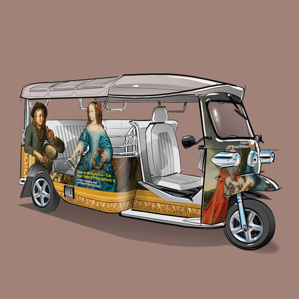 Een schets van de Kunstuk Tuk, met afbeeldingen uit Galerij Prins Willem V aan de zijkanten.