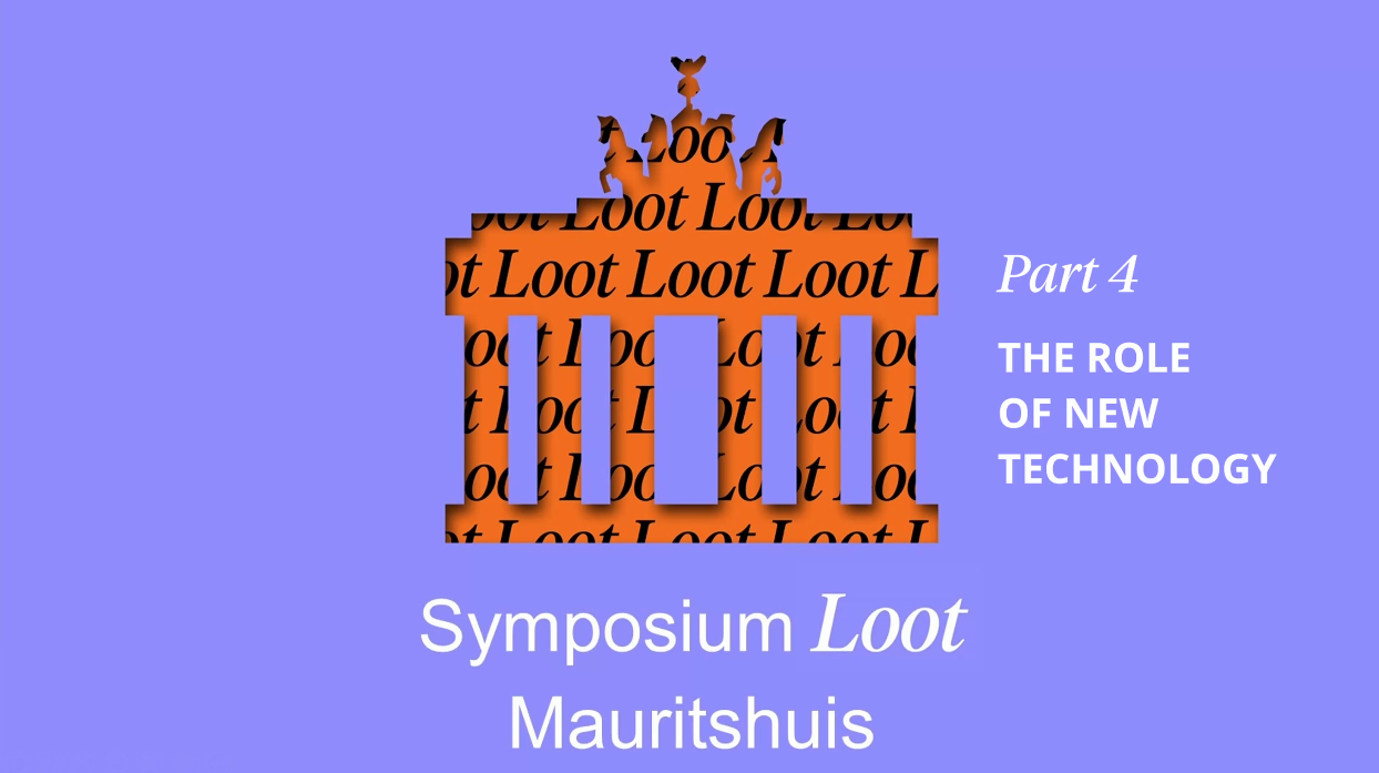 Uitsnede van de Brandenburger Tor in het paars met in het oranje daarachter Roofkunst. Tekst: part 4. The role of new technology. Symposium Loot Mauritshuis.