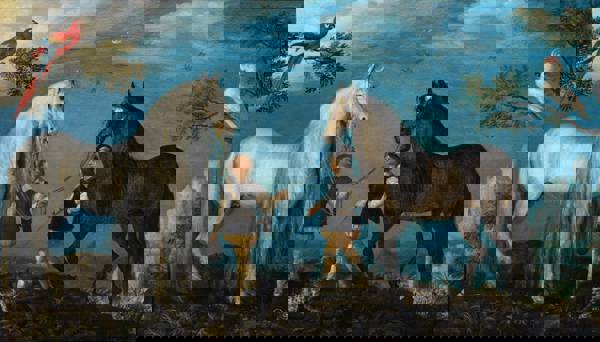 Een schilderij met twee paarden en twee stalknechten die in een bos staan, eromheen vogels en in de achtergrond een kasteel.