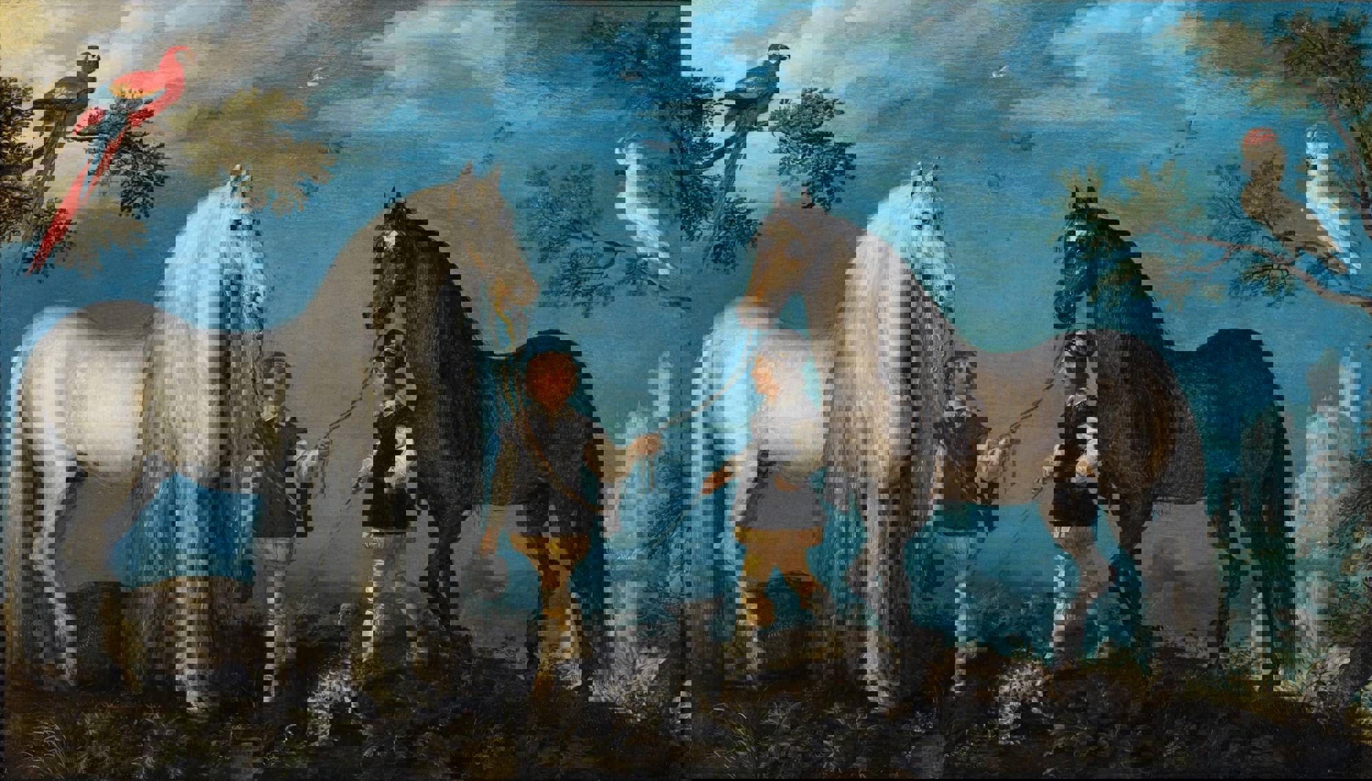 Een schilderij met twee paarden en twee stalknechten die in een bos staan, eromheen vogels en in de achtergrond een kasteel.