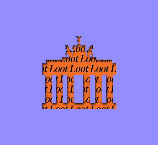 Beeldmerk van Roofkunst, een uitsnede van de Brandenburger Tor in het paars met in het oranje daarachter Roofkunst.