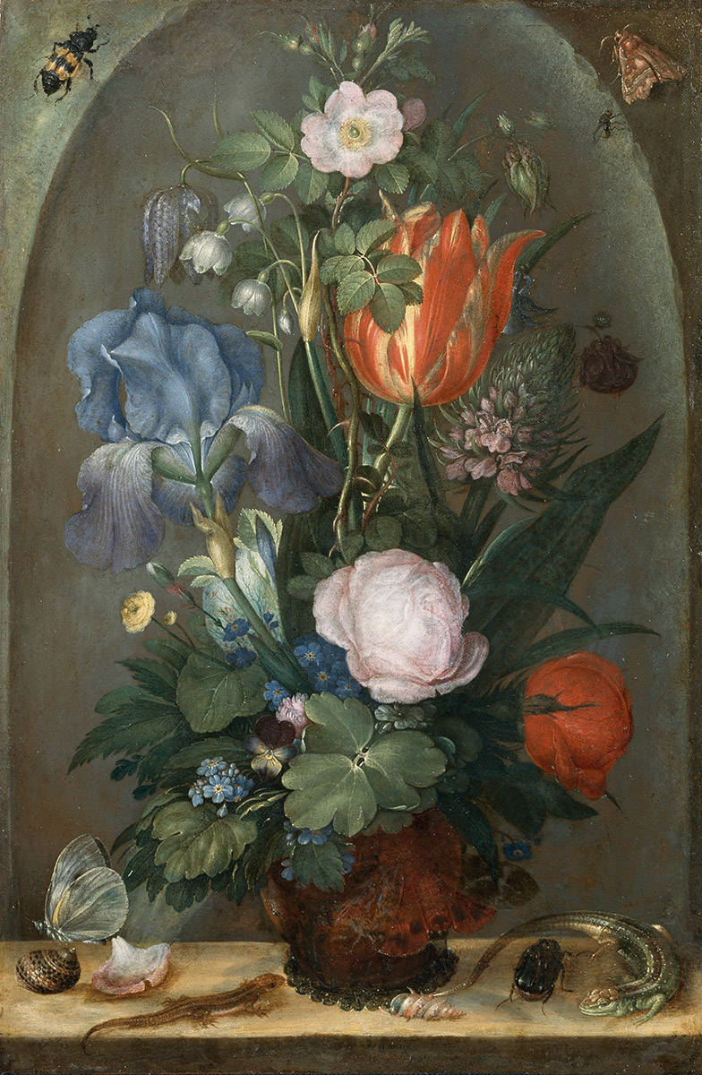 Het schilderij Bloemstuk met twee hagedissen van Roelant Savery.