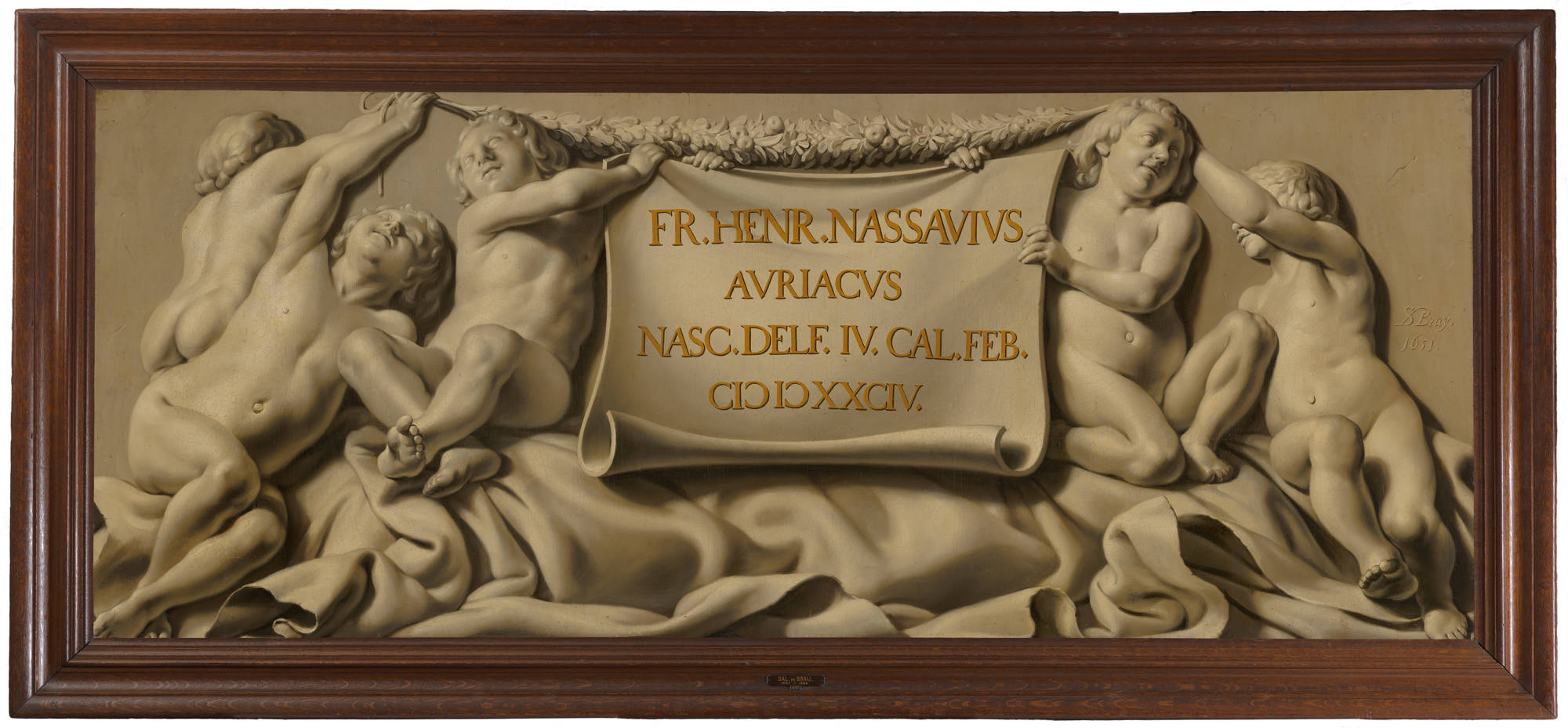 Salomon de Bray Putti dragen een cartouche met de geboortedatum van stadhouder Frederik Hendrik