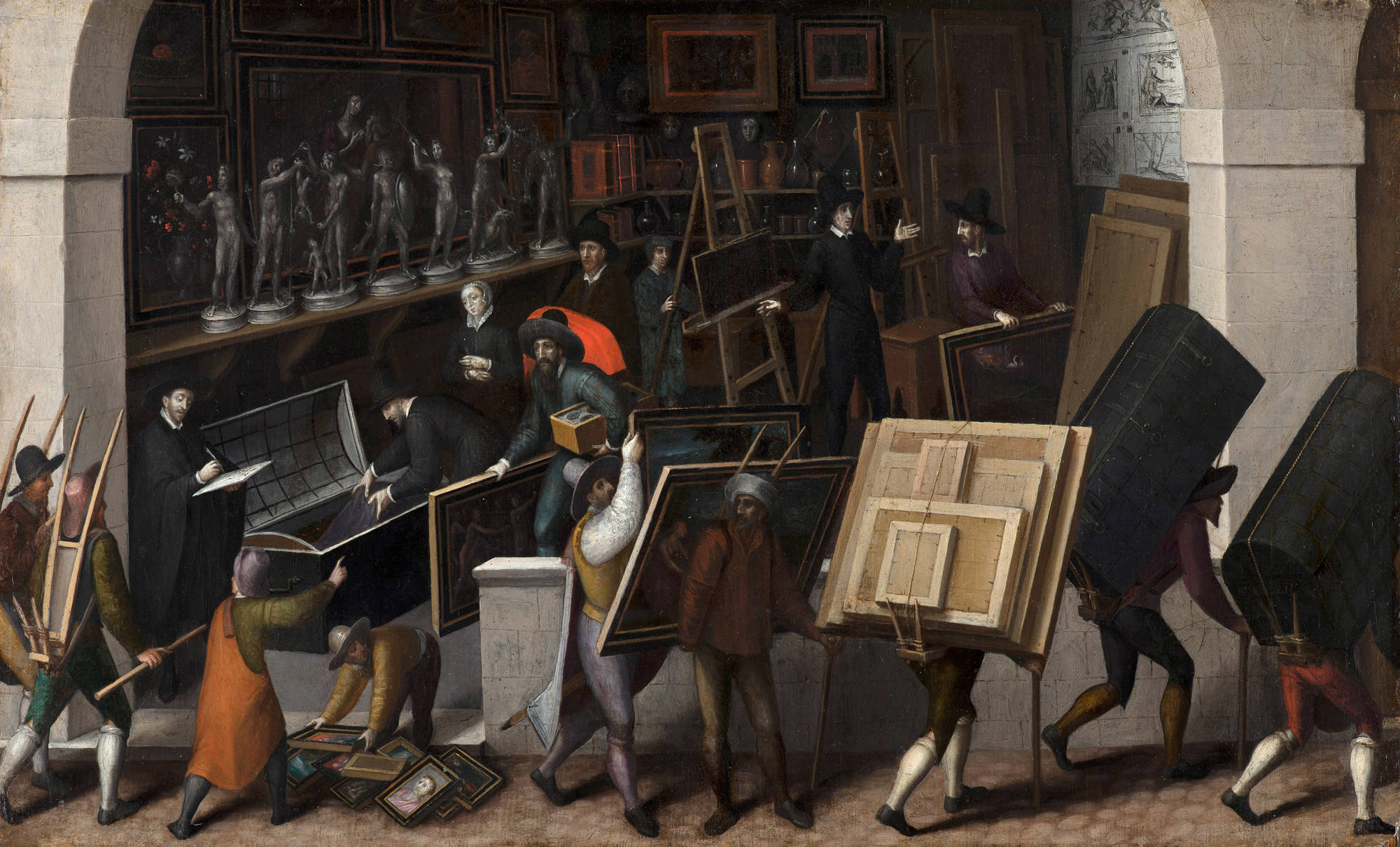 François Bunel the Younger (attributed to), The confiscation of the contents of an art dealer's gallery. 1590?