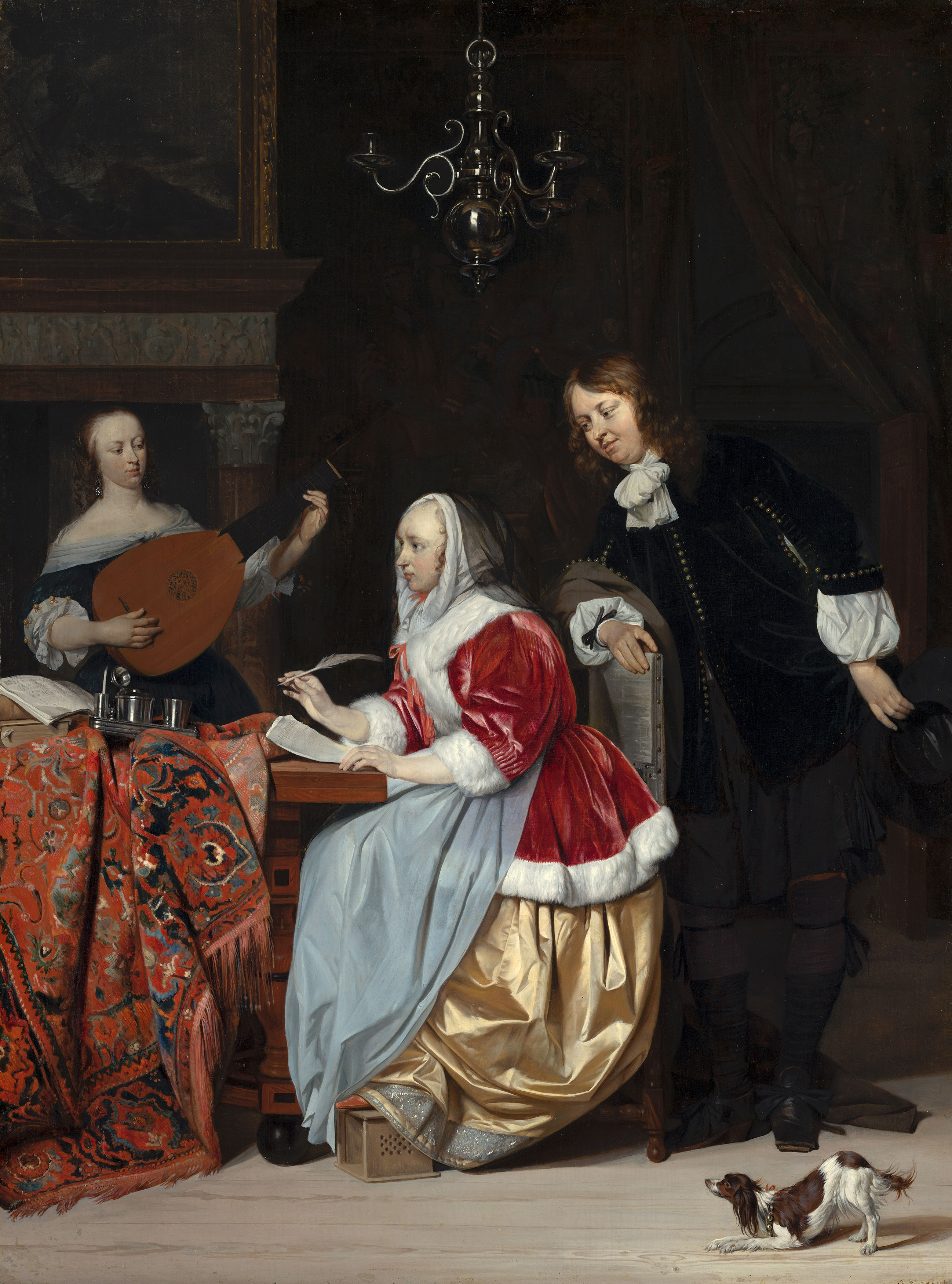 We zien een jonge vrouw die een lied schrijft, terwijl een man over haar schouder meekijkt en een andere vrouw op haar luit speelt.