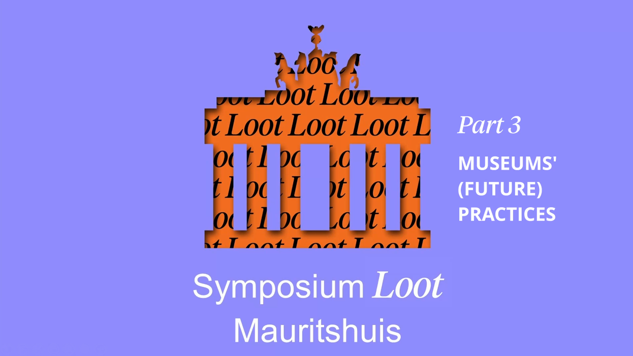 Uitsnede van de Brandenburger Tor in het paars met in het oranje daarachter Roofkunst. Tekst: part 3. Museum's (future) practices. Symposium Loot Mauritshuis.