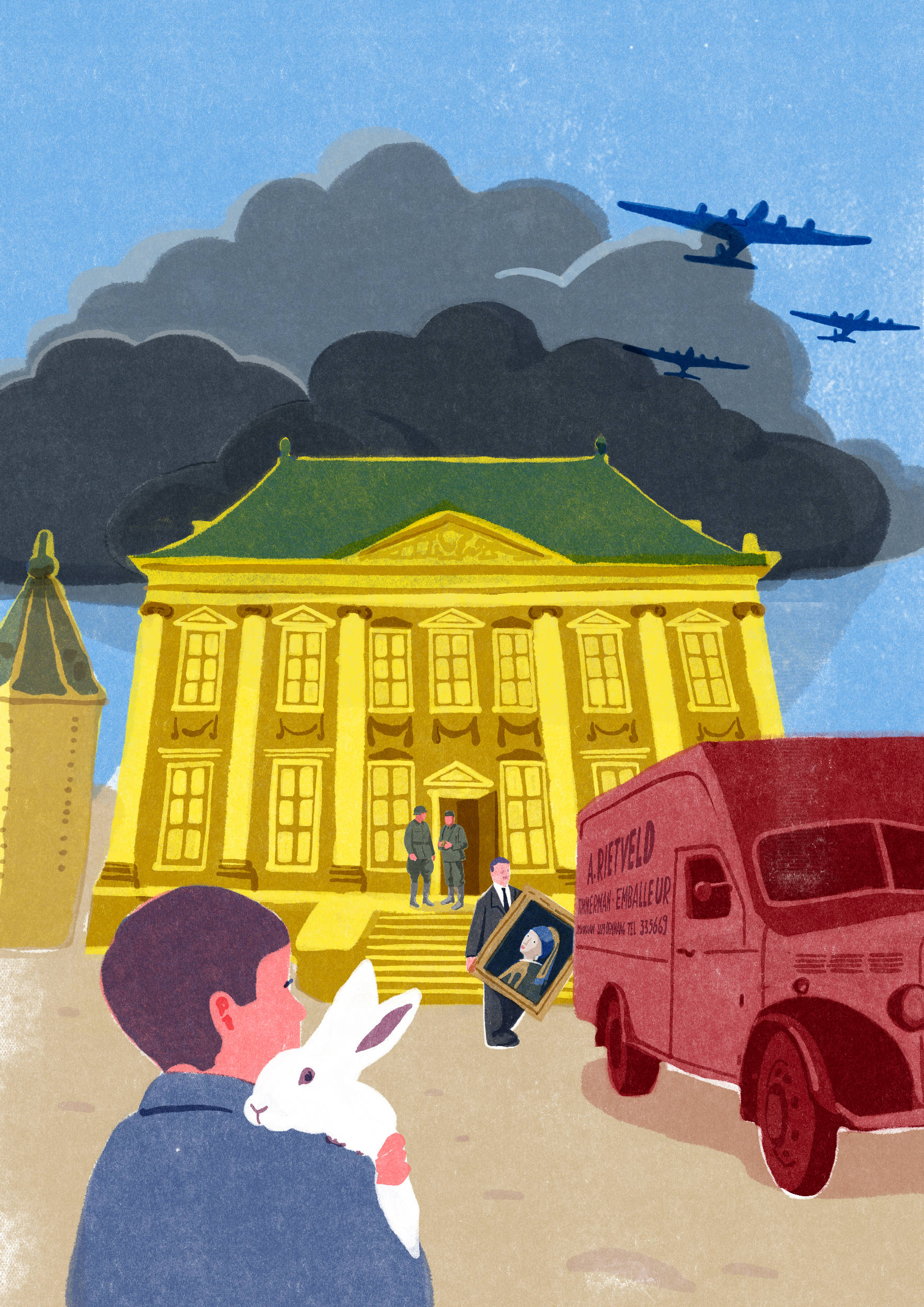 Tentoonstellingsposter van Huis in de Storm: jongen met een konijn op zijn schouder kijkt hoe schilderijen uit het Mauritshuis verplaatst worden.