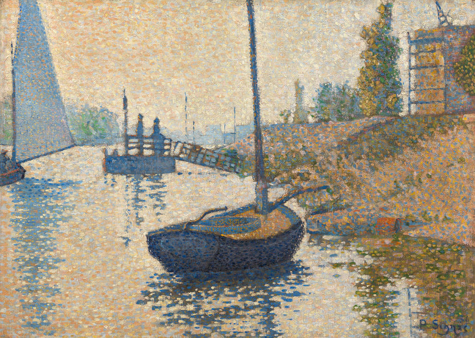 Paul Signac, Het ‘Ponton de la Félicité’ bij Asnières (Opus nr. 143), 1886. Van Gogh Museum, Amsterdam. Aankoop met steun van de BankGiro Loterij, de Vereniging Rembrandt, mede dankzij haar Claude Monet Fonds, Het Liesbeth van Dorp Fonds en Themafonds 19de-eeuwse Schilderkunst, het Mondriaan Fonds en de leden van The Yellow House, 2016.