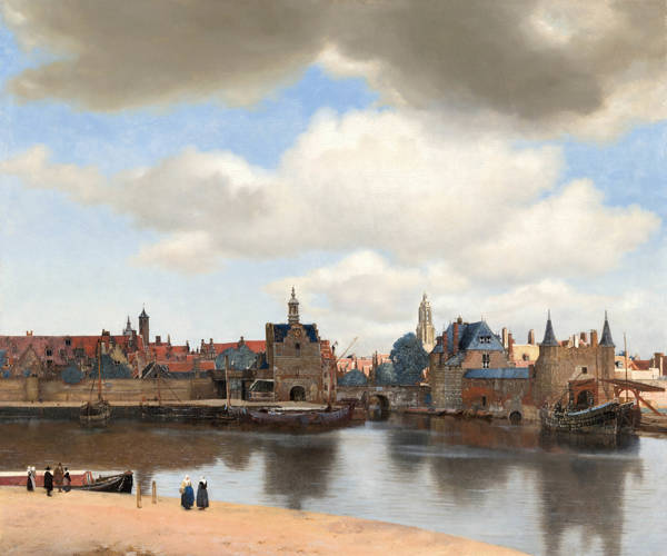 Schilderij van Johannes Vermeer: Gezicht op Delft. Het is een stadsgezicht van Delft met wolkenlucht en water op de voorgrond. Painting by Johannes Vermeer: View of Delft. It is a cityscape of Delft with cloudy skies and water in the foreground.