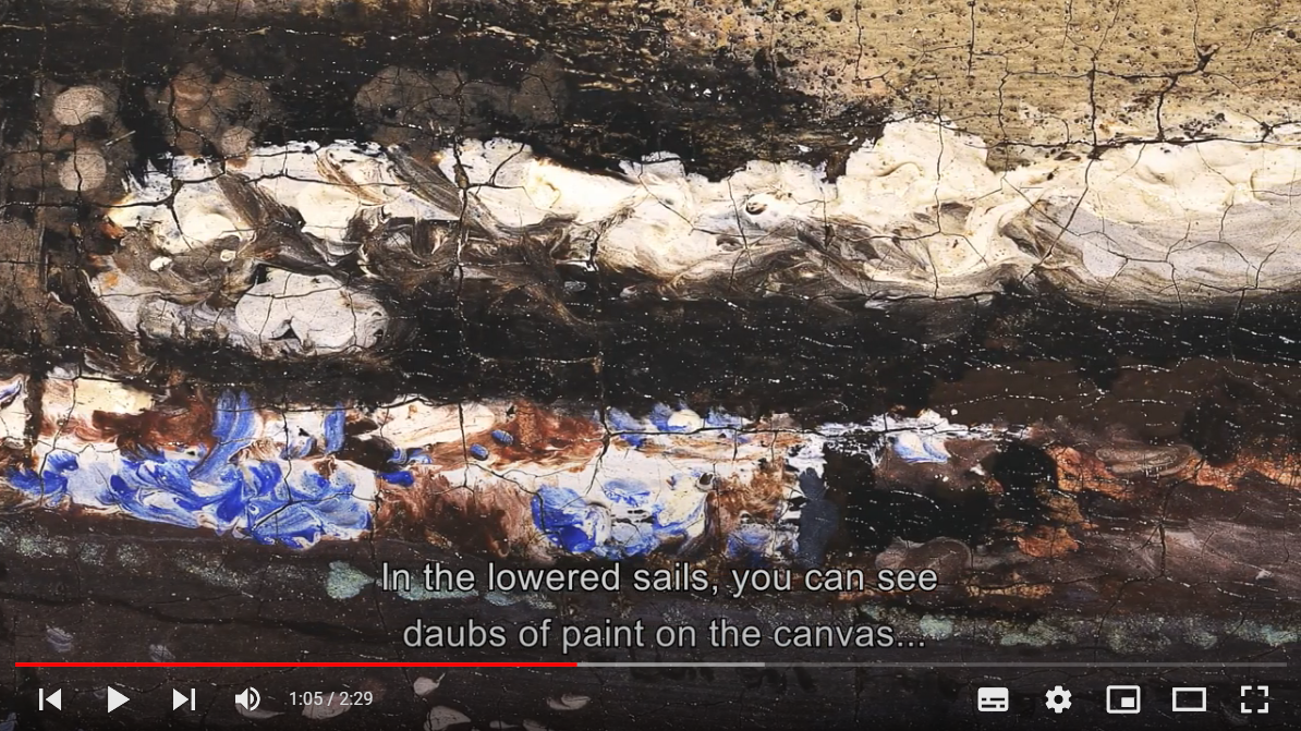 Een Youtube-still met een detail van een schilderij van Vermeer, met de tekst: In the lowered sails, you can see daubs of paint on the canvas..