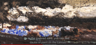 Een Youtube-still met een detail van een schilderij van Vermeer, met de tekst: In the lowered sails, you can see daubs of paint on the canvas..