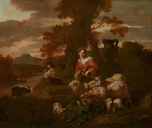 Simon van der Does  Herderin en herder met schapen en geiten Shepherdess and Shepherd with Sheep and Goats