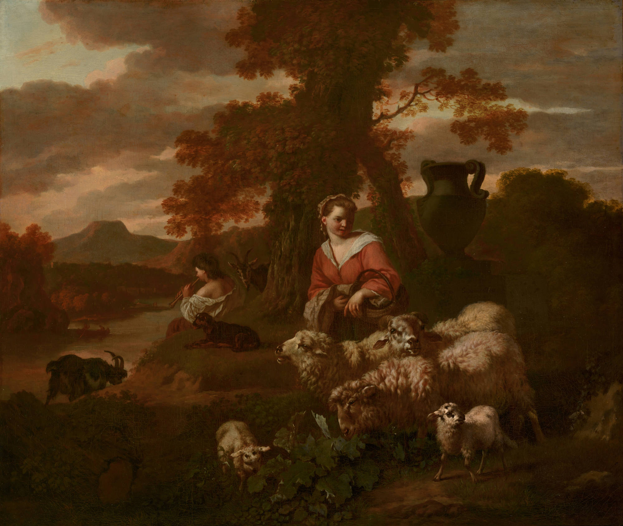 Simon van der Does Herderin en herder met schapen en geiten Shepherdess and Shepherd with Sheep and Goats