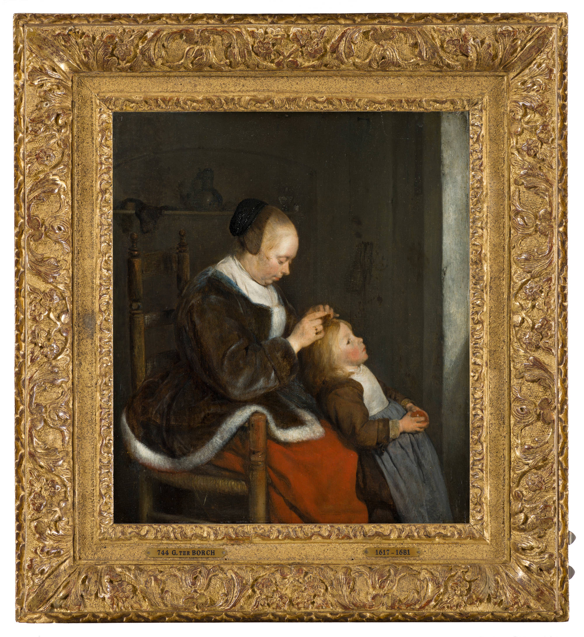 Gerard ter Borch  Een moeder die het haar van haar kind kamt, bekend als 'De luizenjacht' Mother Combing Her Child's Hair, known as 'Hunting for Lice'
