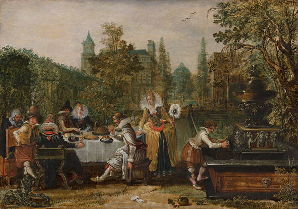 Een schilderij van een groep bontgeklede historische figuren in een tuin vol kunst en groen.
