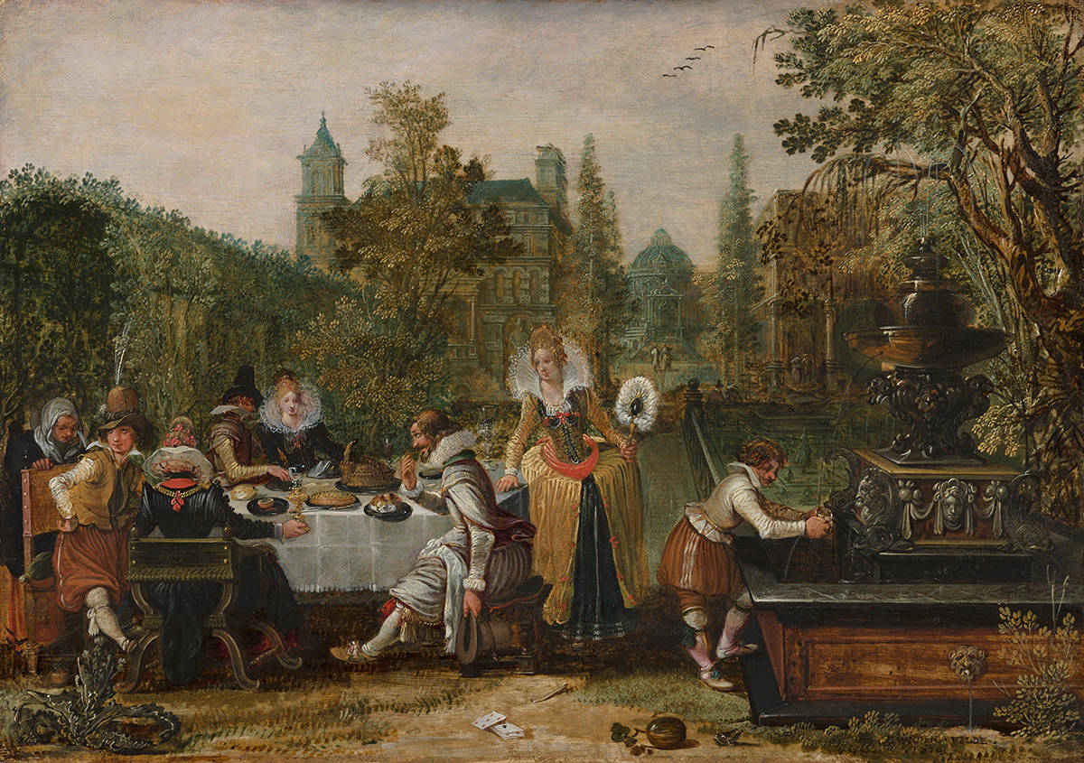 Een schilderij van een groep bontgeklede historische figuren in een tuin vol kunst en groen.