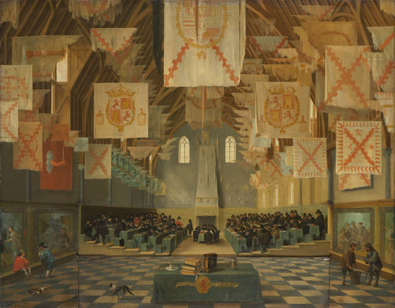 Bartholomeus van Bassen (toegeschreven aan) Interieur van de Grote Zaal op het Binnenhof te Den Haag, tijdens de Grote Vergadering van de Staten-Generaal in 1651