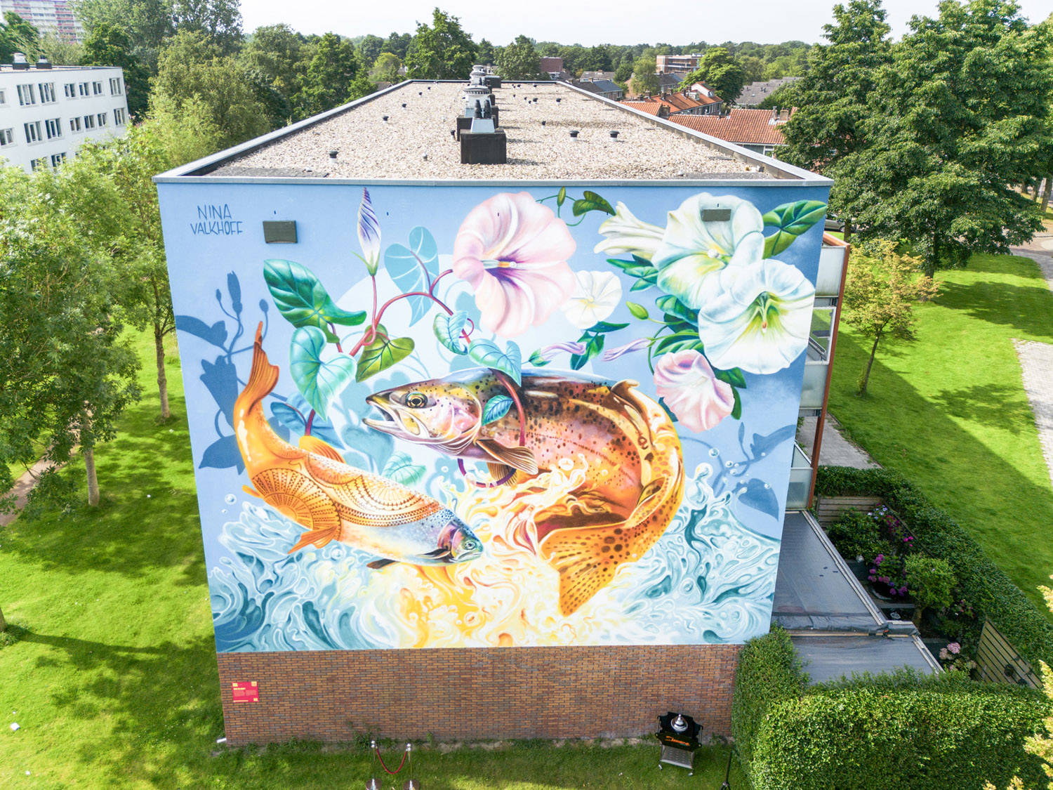 Nina Valkhoff maakte een mural op een appartementencomplex, in opdracht van het Drents Museum. Je ziet twee vissen en bloemen in het water.