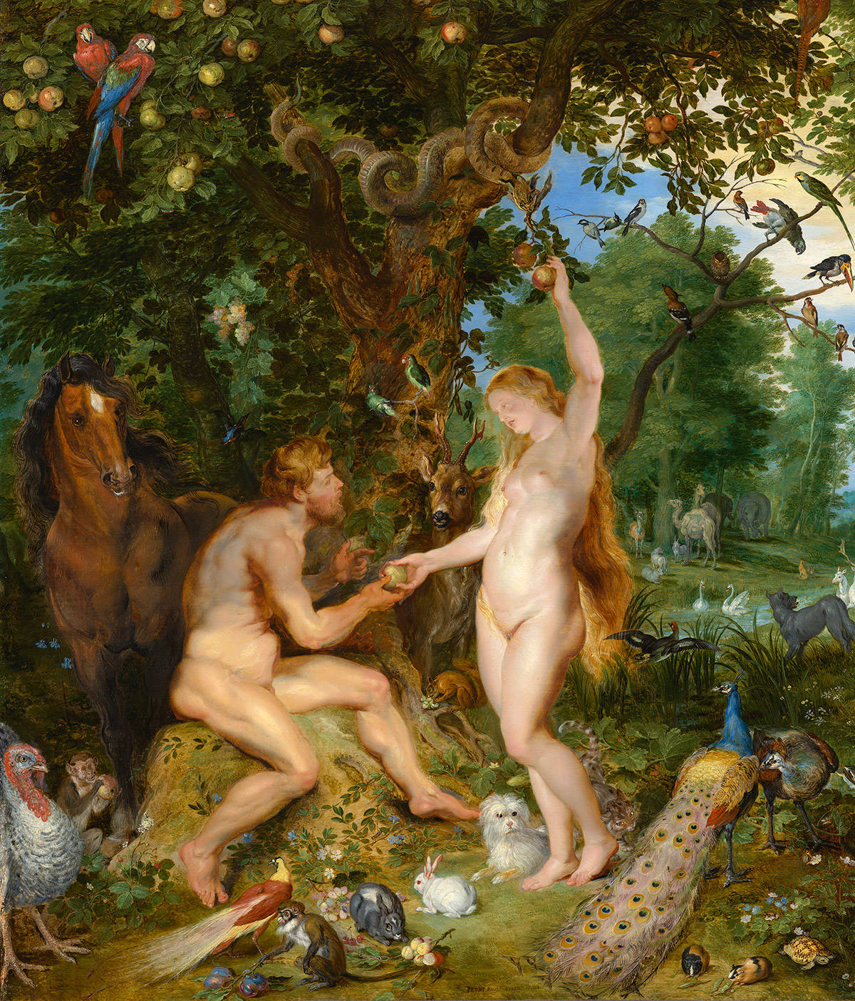 Detail van Adam en Eva op het schilderij Het aards paradijs met de zondeval van Adam en Eva van Rubens en Brueghel uit het Mauritshuis in Den Haag