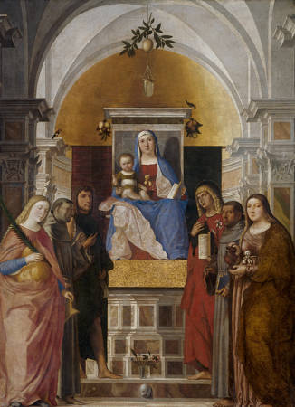 Marcello Fogolino Tronende Maria met kind en zes heiligen Madonna and Child, Enthroned, with Six Saints