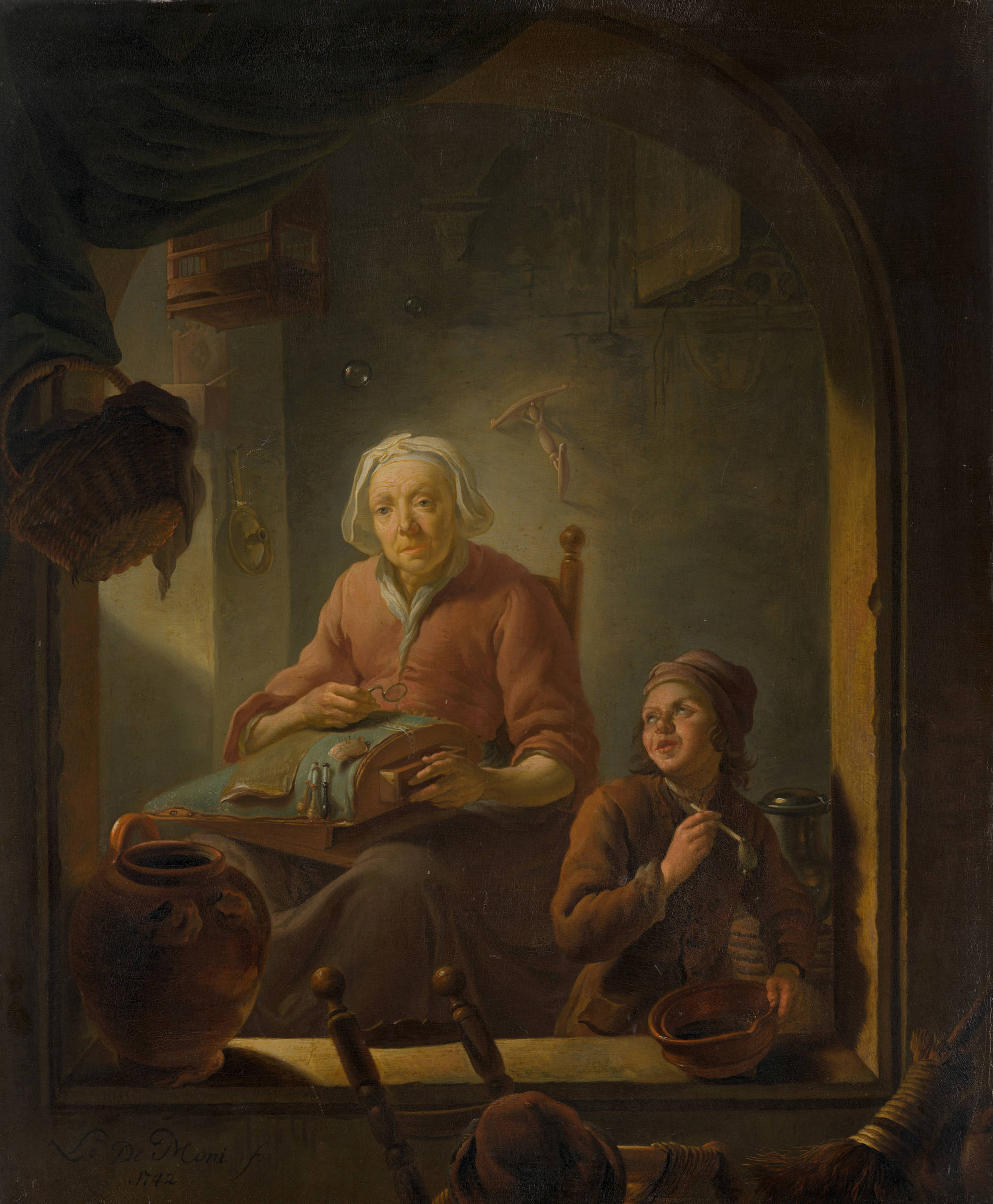 Louis de Moni Een kantwerkster, met een bellenblazende jongen A Lacemaker, with a Boy Blowing Bubbles
