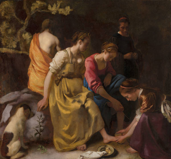 De godin Diana zit uit te rusten, samen met haar nimfen, op dit schilderij van Johannes Vermeer