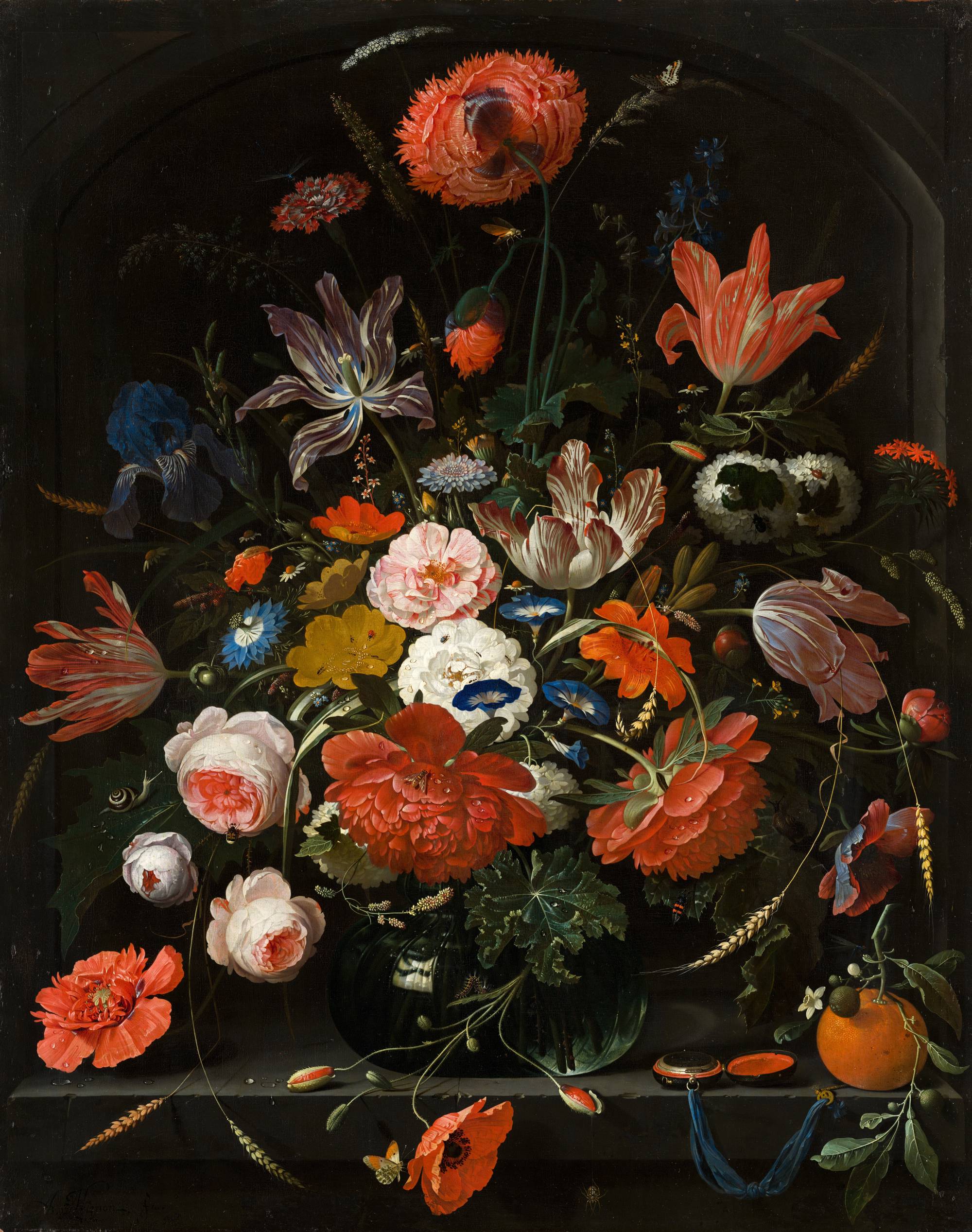 Abraham Mignon Bloemen in een glazen vaas en Bloemen in een metalen vaas