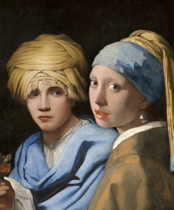 Het Meisje met de Parel van Johannes Vermeer en De jongen met tulband van Michiel Sweerts gecombineerd in een afbeelding
